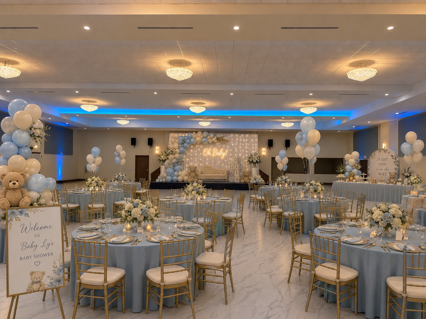Blue and white baby shower setup