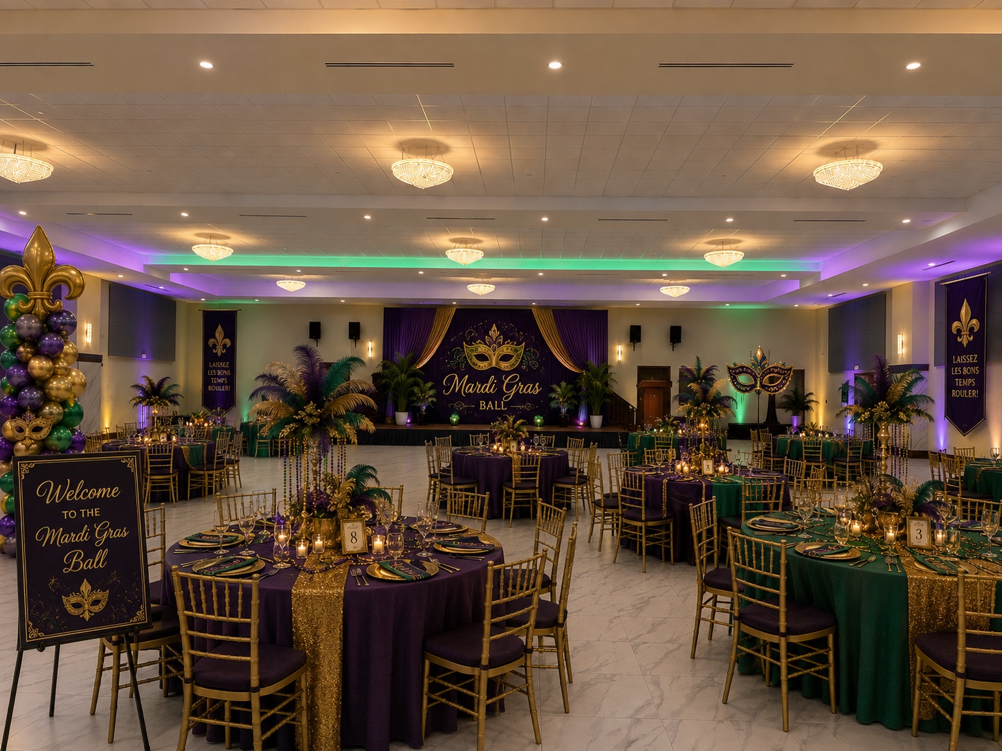 Purple green and gold Mardi Gras ball setup