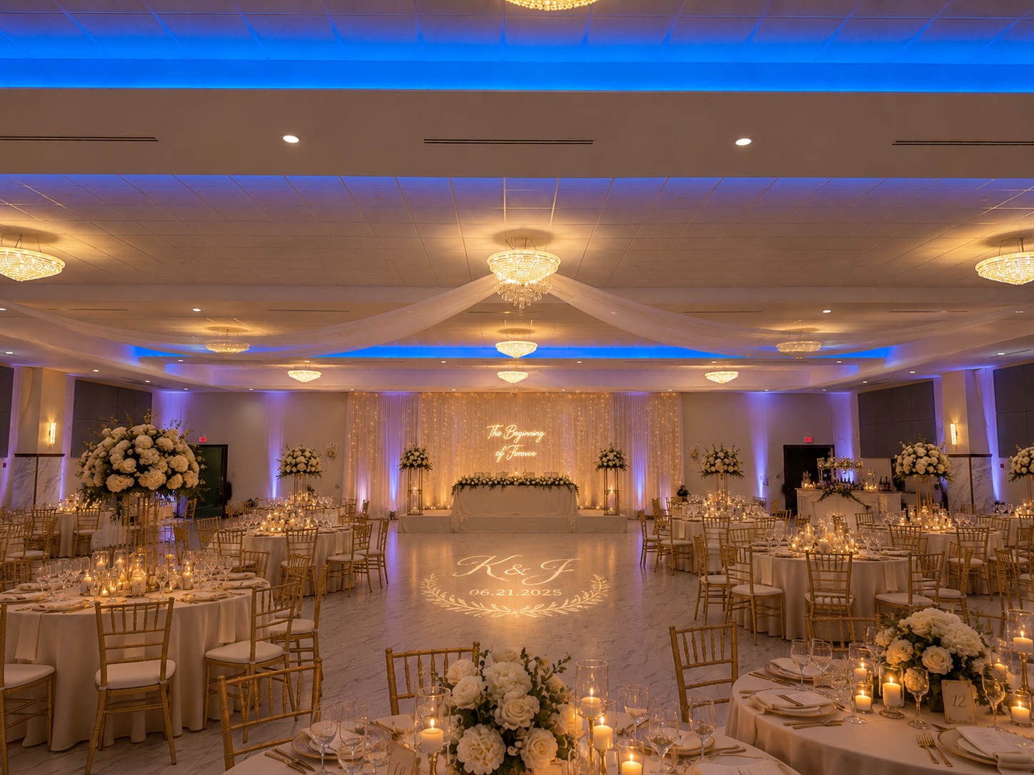 Formal wedding reception with candles and gold chairs